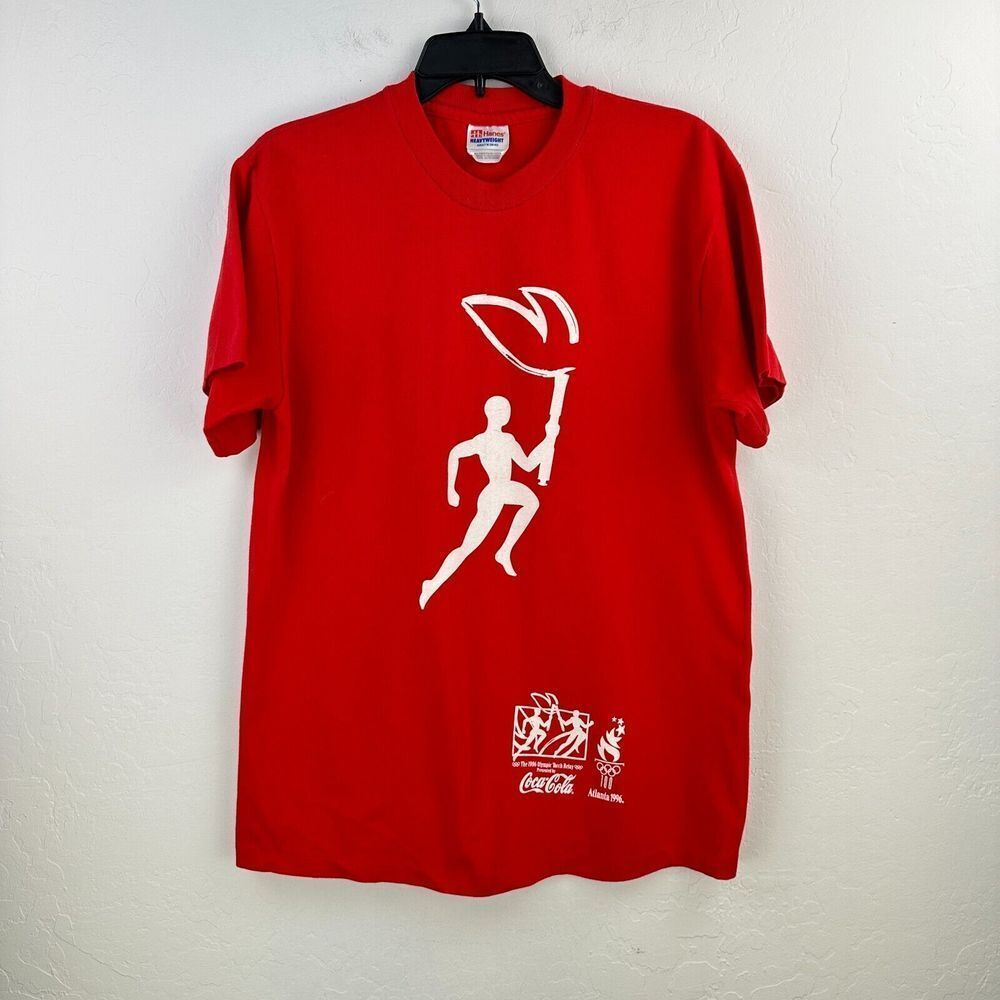 Vtg 1996 Georgia Olympics Tshirt Mens‎ M Red White Coca Cola Torch Promo Tee 90s